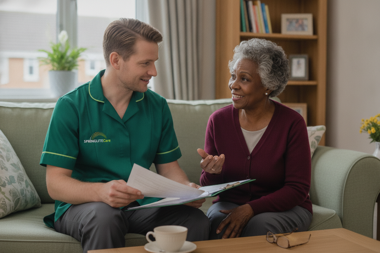 Springlite Care carer listening to an older woman while discussing her personalised care plan at home