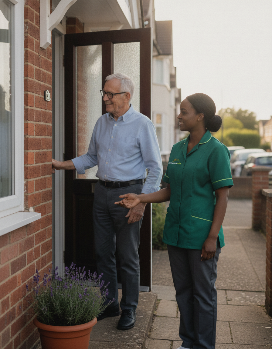 Springlite Care carer in a green uniform greeting an older man at his front door in Bexleyheath