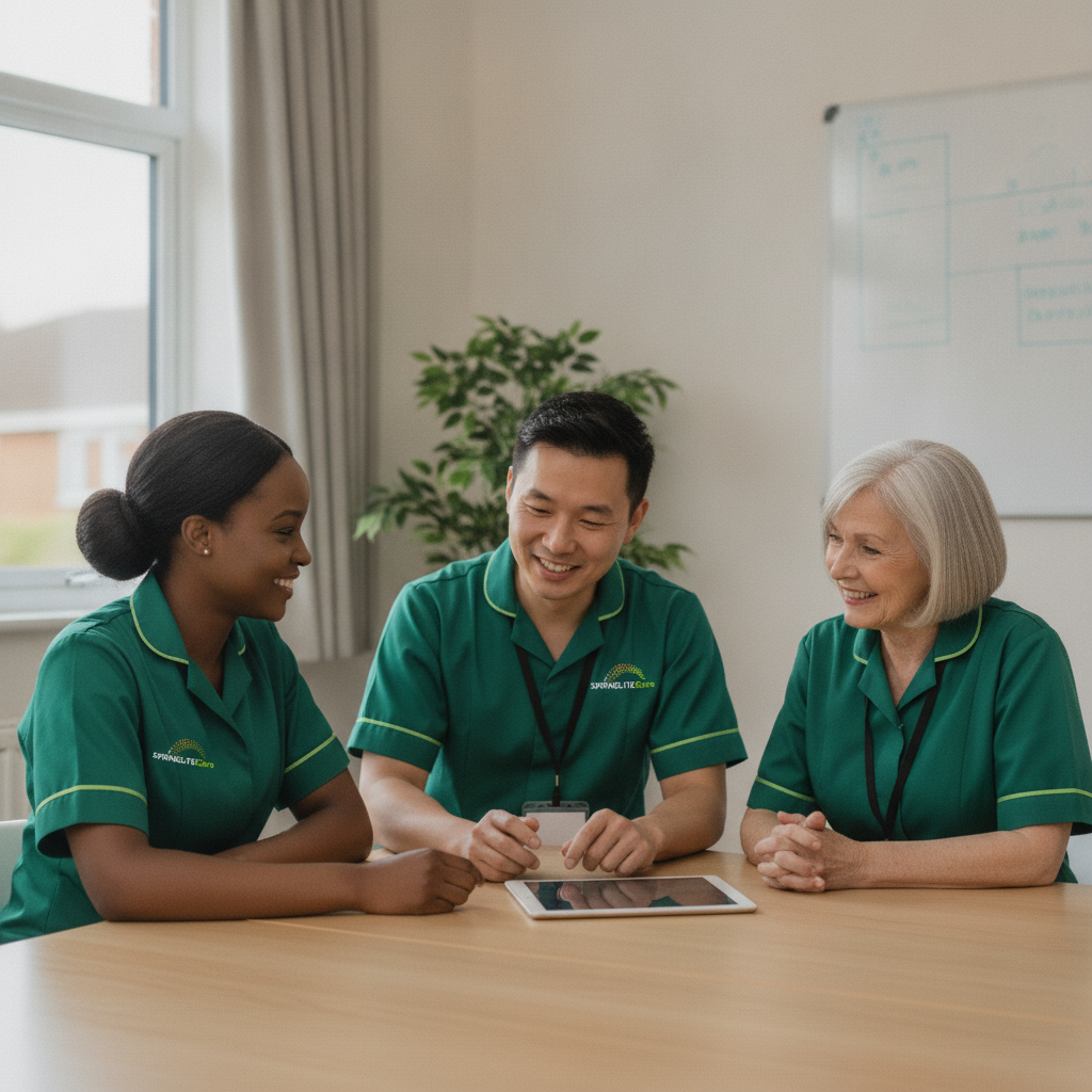 Diverse Springlite Care team in green uniforms during a training session at the Bexleyheath office