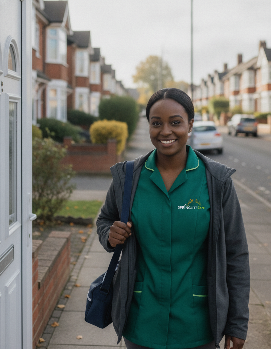 Springlite Care carer in a green uniform arriving for a home care visit on a residential street in Bexleyheath