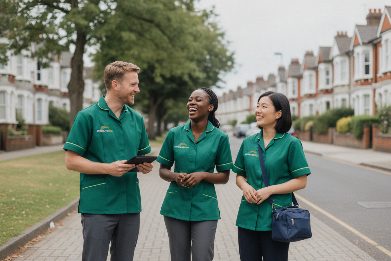 Springlite Care's local team of carers from diverse backgrounds chatting on a residential street in Bexley
