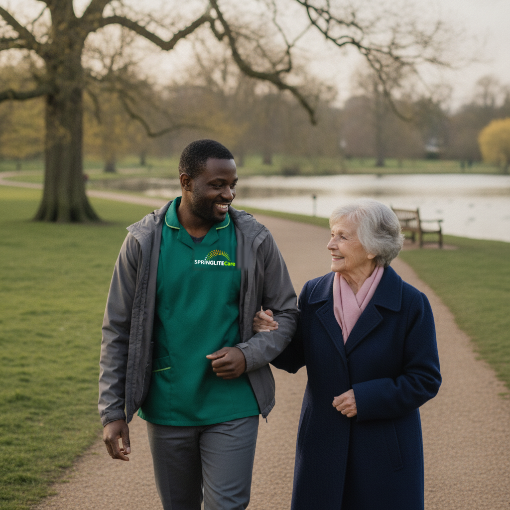 Springlite Care carer walking arm in arm with an older woman through a local park in the London Borough of Bexley