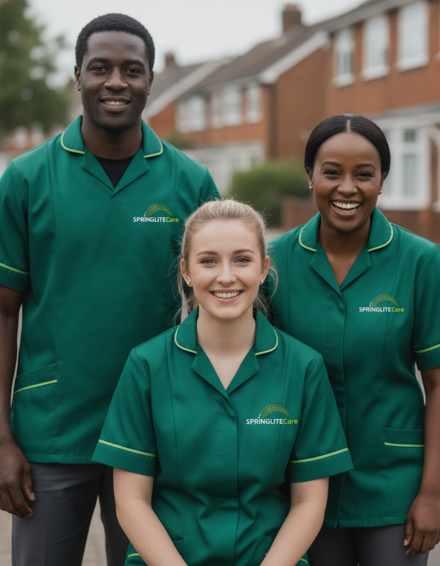 Three smiling Springlite Care carers from diverse backgrounds in green uniforms, representing care jobs in Bexleyheath