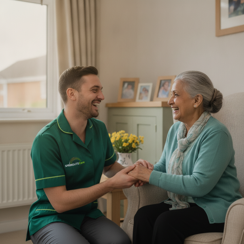 Springlite Care carer sharing a heartfelt moment with an older woman, showing the rewards of a career in care