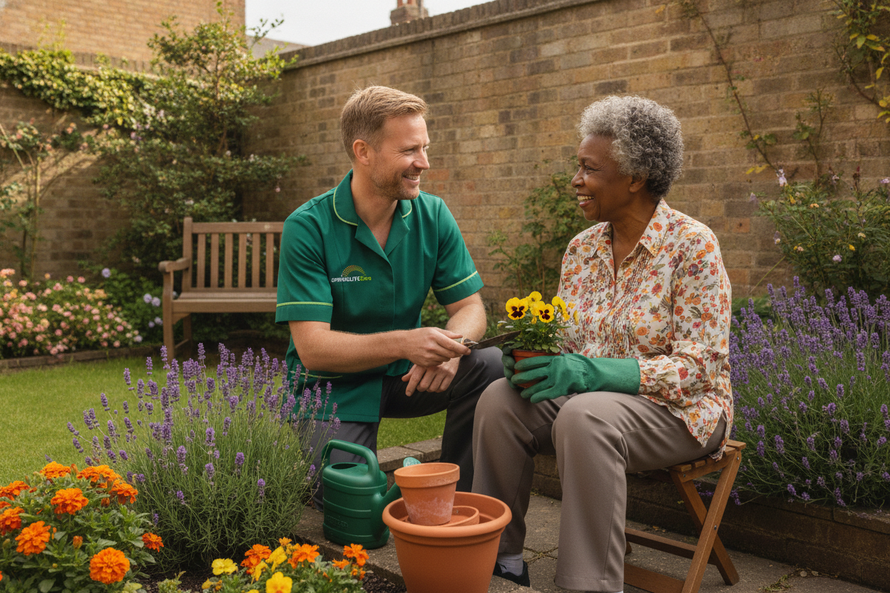 Springlite Care carer gardening with an older woman in her back garden during a companionship visit