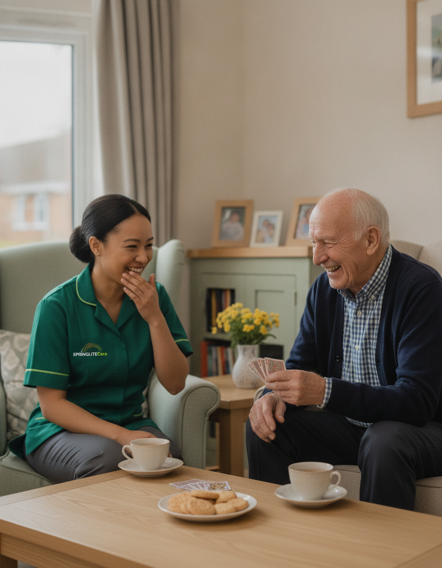 Springlite Care carer in a green uniform laughing with an older man over a game of cards at his home in Bexleyheath