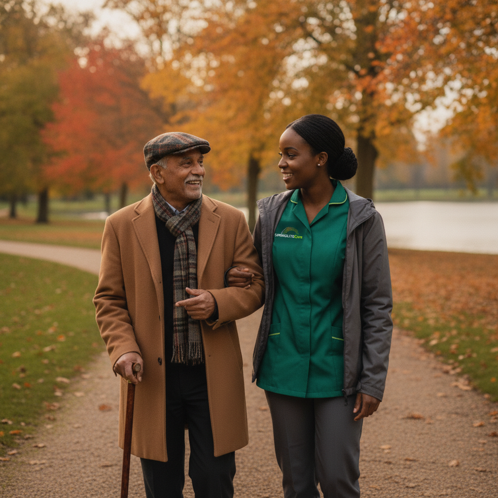 Springlite Care carer walking arm in arm with an older man through a local park in South East London