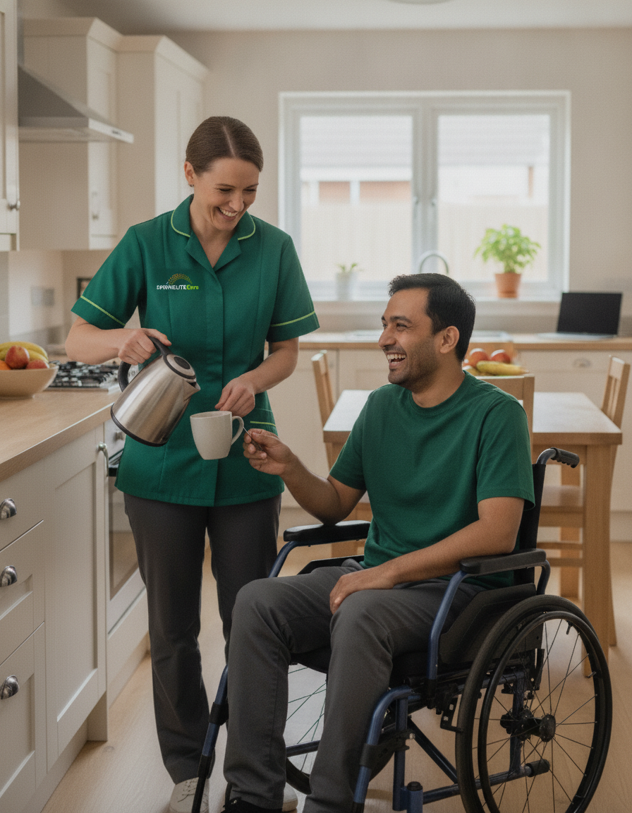 Springlite Care carer in a green uniform supporting a man who uses a wheelchair to make a drink in his kitchen
