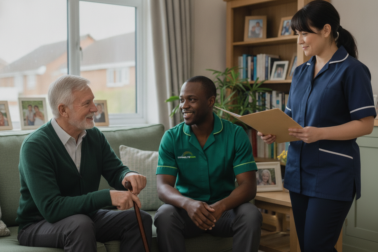 Springlite Care carer and a community nurse talking with an older man at home about his coordinated care