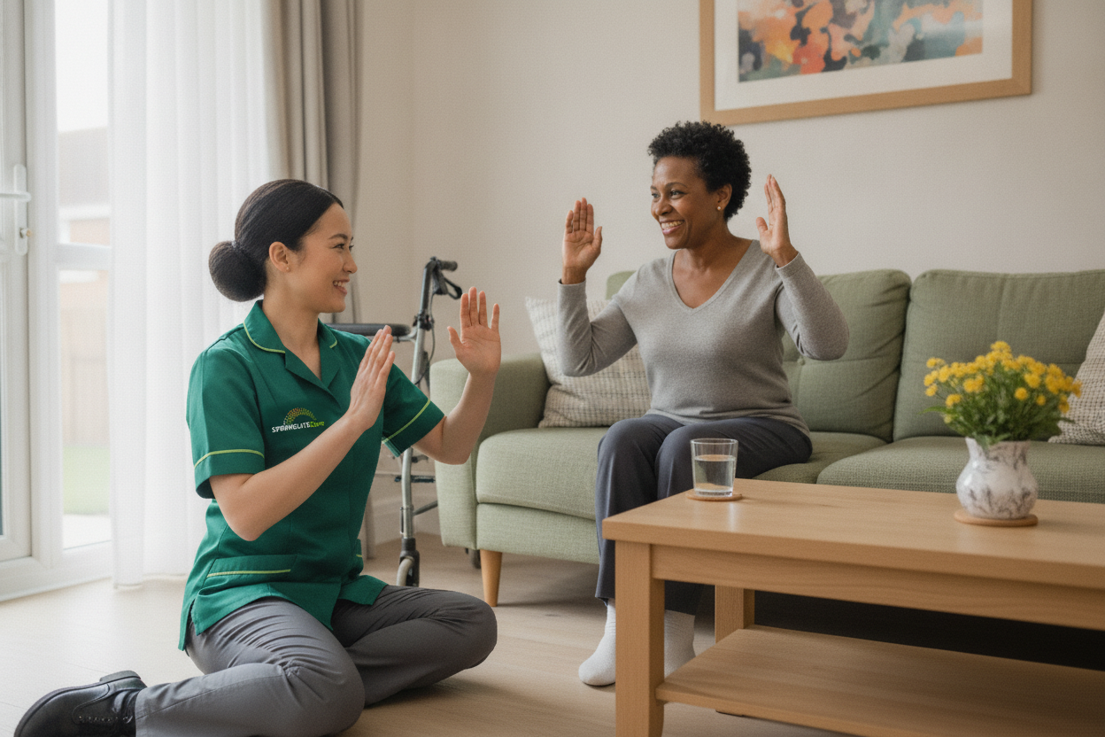 Springlite Care carer supporting a woman with gentle seated exercises recommended by her therapist at home