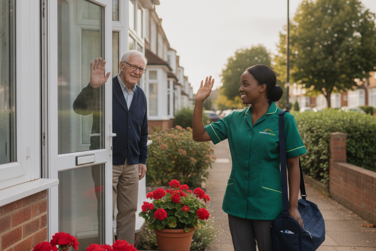 Springlite Care carer waving goodbye to an older man at his front door after a home care visit in Bexleyheath