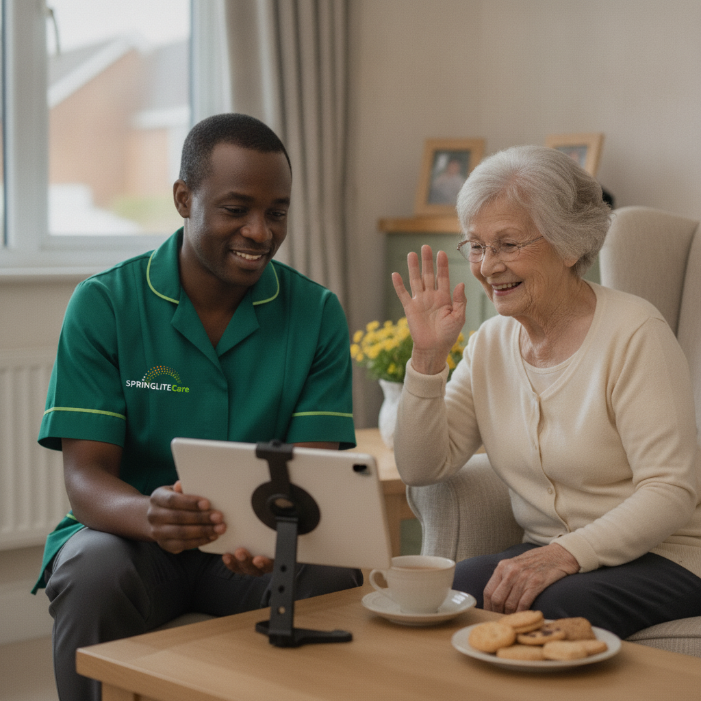 Springlite Care carer helping an older woman video call her family from home, keeping loved ones connected