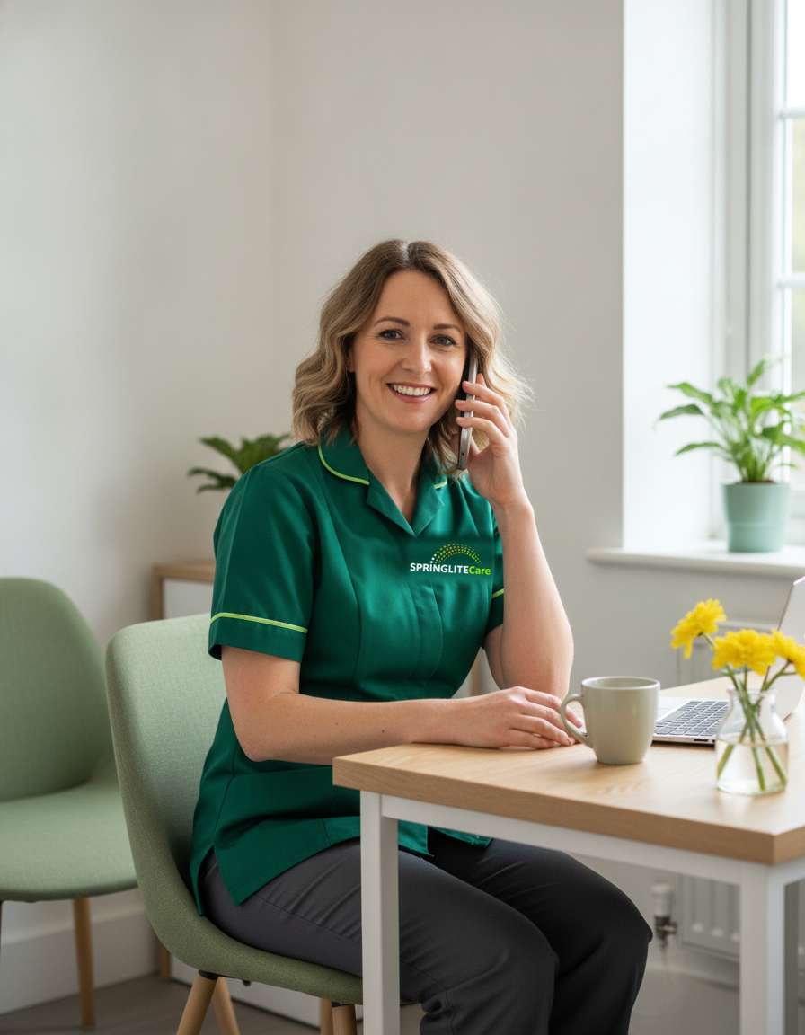 Friendly Springlite Care coordinator in a green uniform answering the phone at the Bexleyheath office