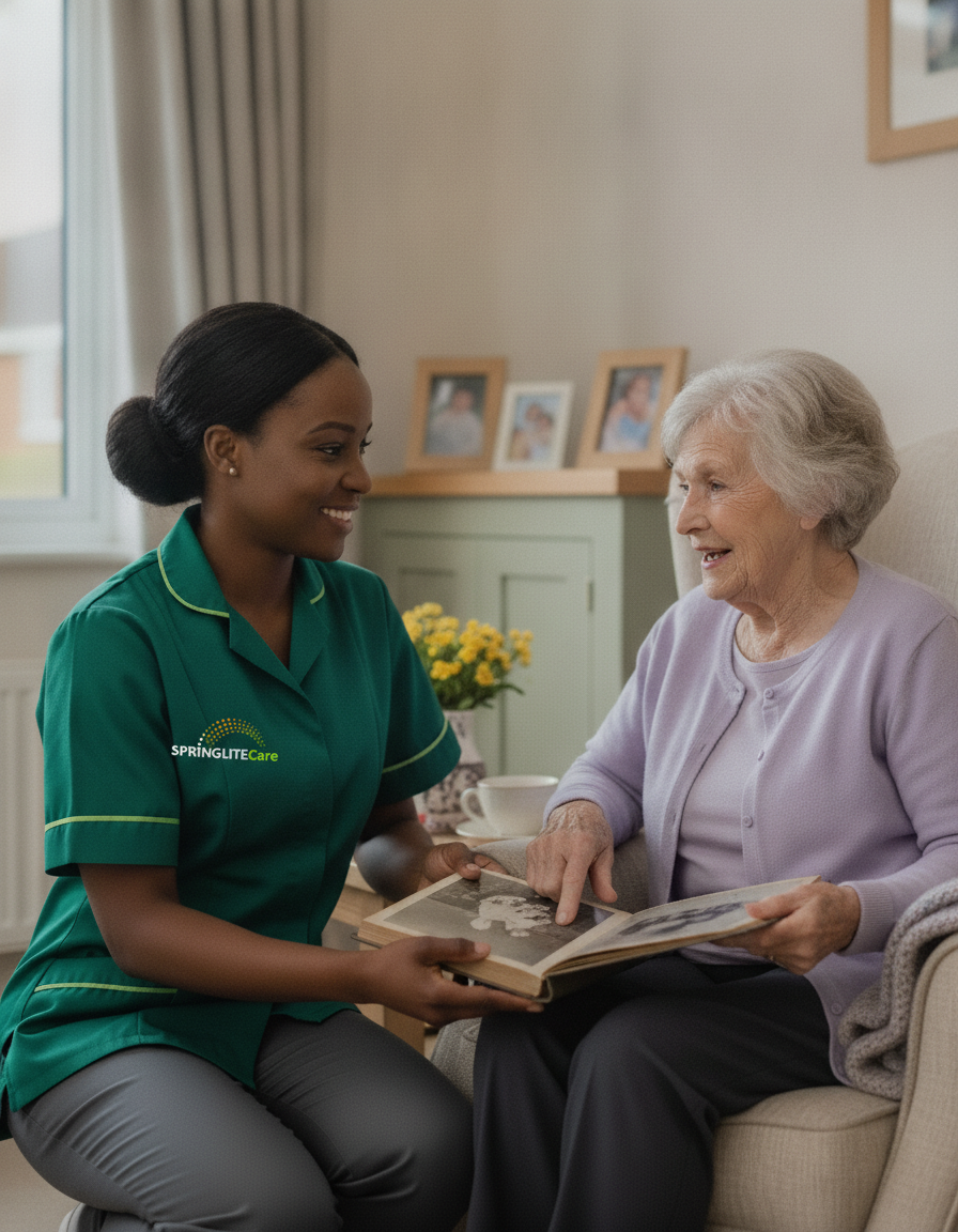 Springlite Care carer sharing a family photo album with an older woman living with dementia at home