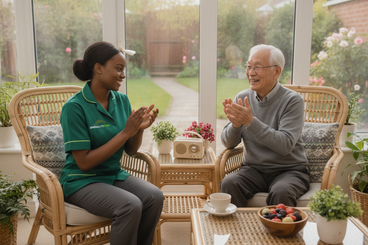 Springlite Care carer enjoying music with an older man living with dementia in his sunny conservatory