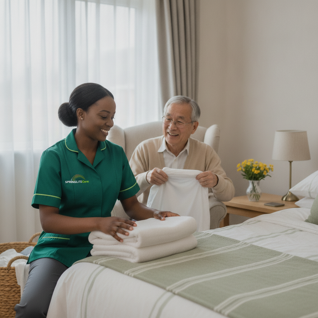 Springlite Care carer folding fresh laundry with an older man in his bedroom during a home help visit