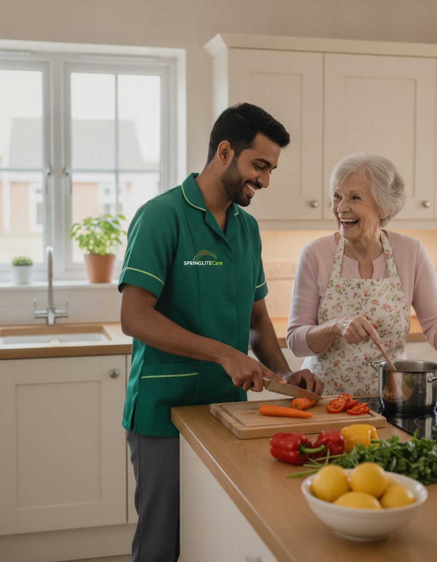 Springlite Care carer in a green uniform preparing a fresh meal with an older woman in her Bexleyheath kitchen