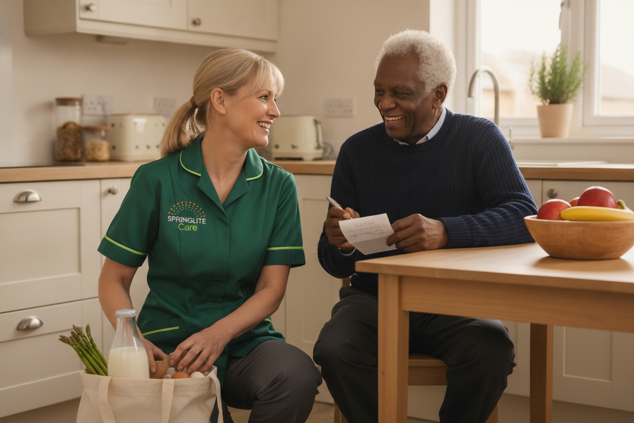 Springlite Care carer unpacking fresh groceries while an older man checks his shopping list in his kitchen