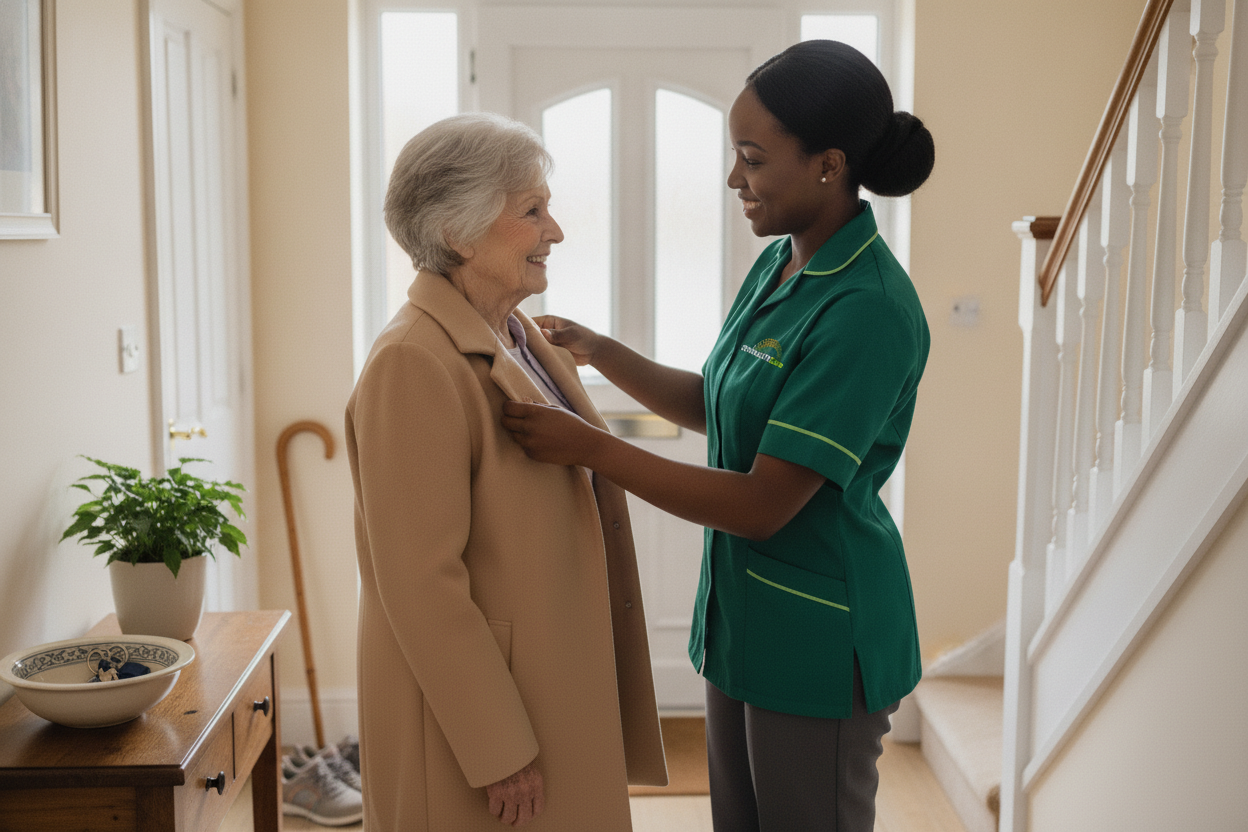Springlite Care carer helping an older woman with her coat before an afternoon outing during a home care visit