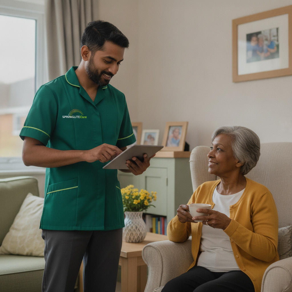 Springlite Care carer recording a domiciliary care visit on a tablet while an older woman and her son look on