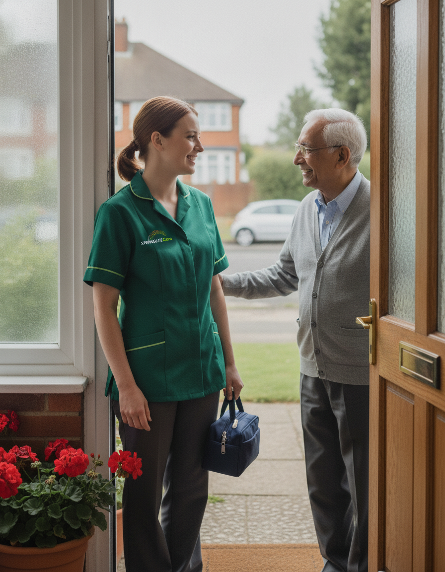 Springlite Care carer in a green uniform arriving for a domiciliary care visit at a home in Bexleyheath