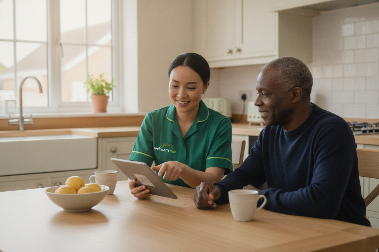 Springlite Care carer reviewing a personalised home care plan with an older man and his daughter