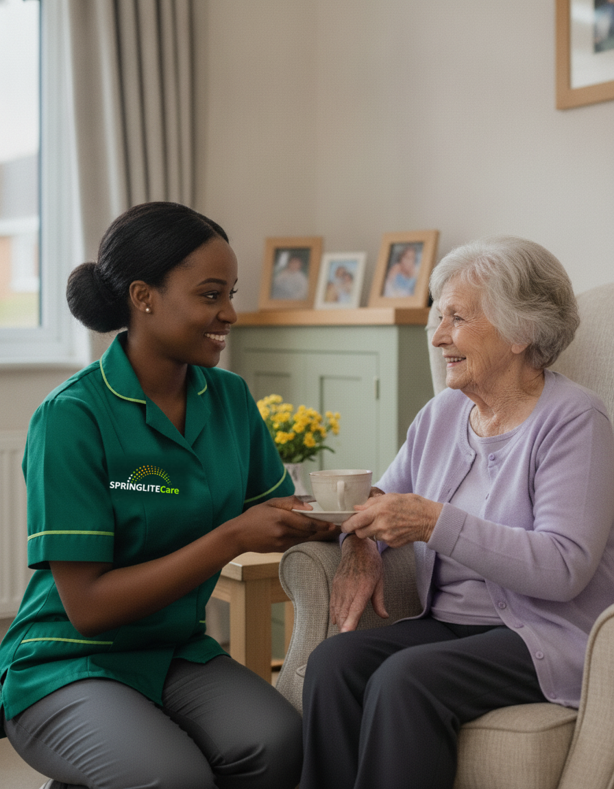Springlite Care carer in a green uniform sharing a cup of tea with an older woman at home in Bexleyheath
