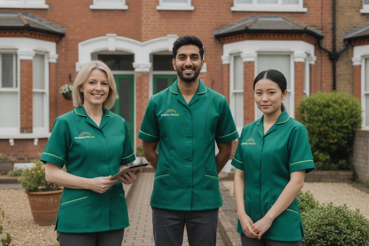 Three Springlite Care carers from diverse backgrounds in green uniforms outside a Bexleyheath home