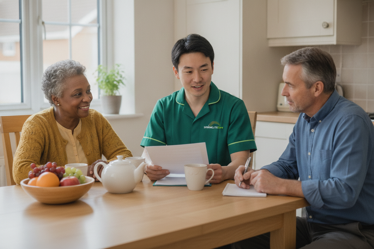 Springlite Care carer planning support at home with an older woman and her son after her hospital discharge