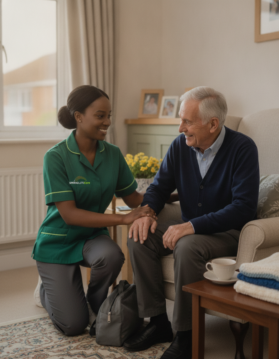 Springlite Care carer in a green uniform helping an older man settle into his armchair after returning from hospital