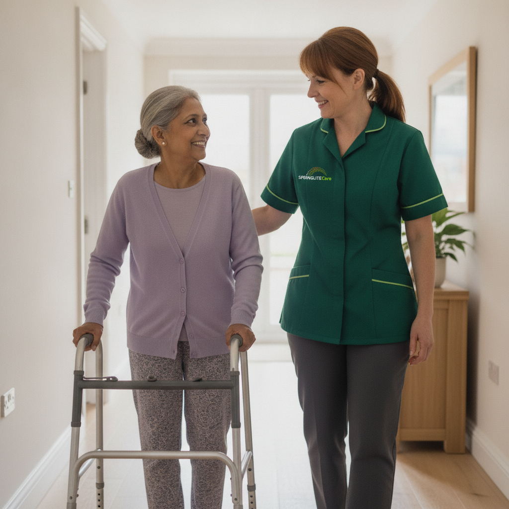 Springlite Care carer walking beside an older woman using a walking frame as she recovers at home after hospital