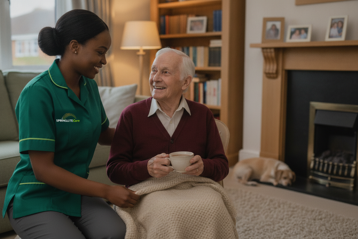 Springlite Care live-in carer settling an older man with a blanket and cocoa for a relaxing evening at home