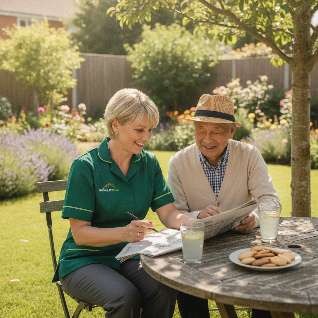 Springlite Care live-in carer doing a crossword with an older man in his back garden on a sunny morning
