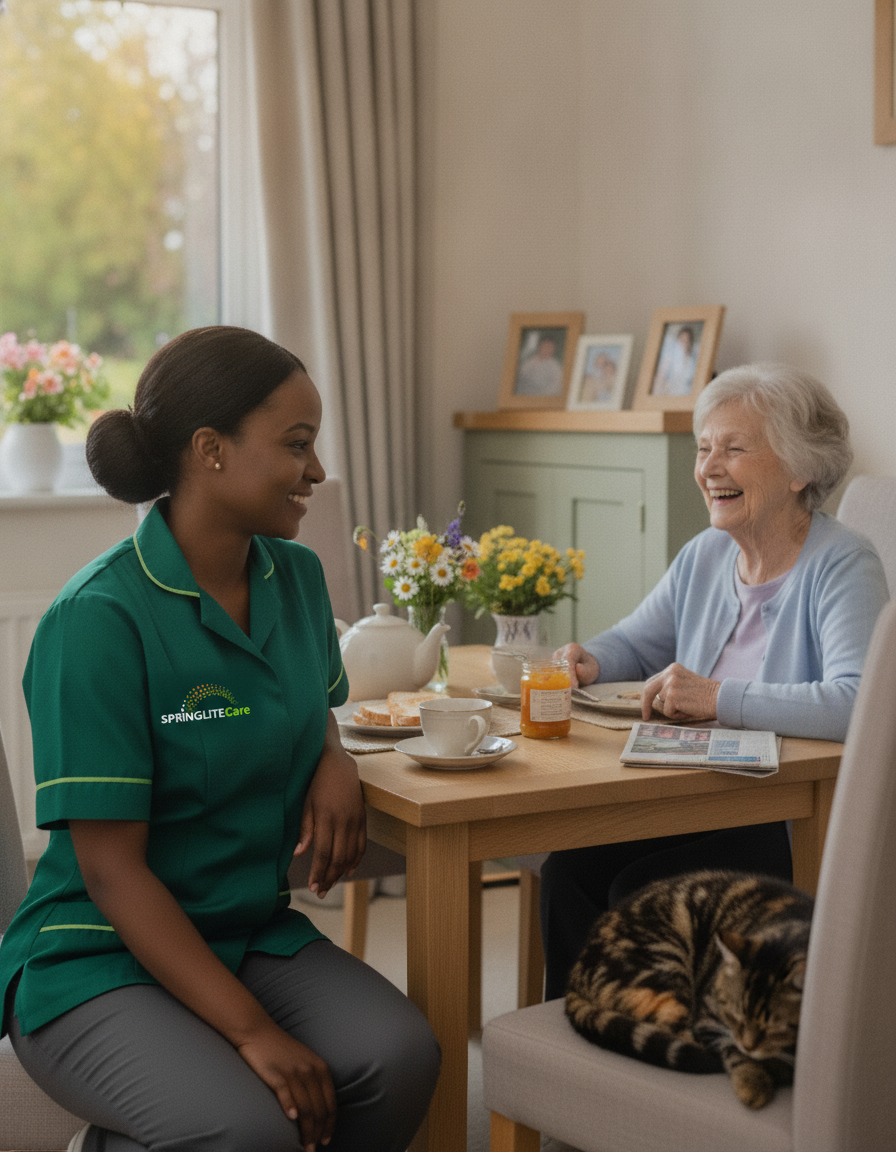 Springlite Care live-in carer in a green uniform sharing breakfast with an older woman at home in Bexleyheath