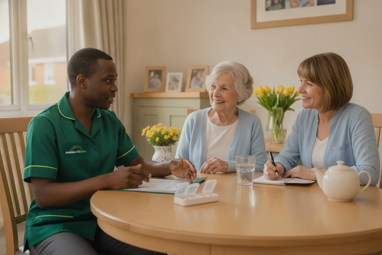 Springlite Care carer reviewing a medication care plan with an older woman and her daughter at home