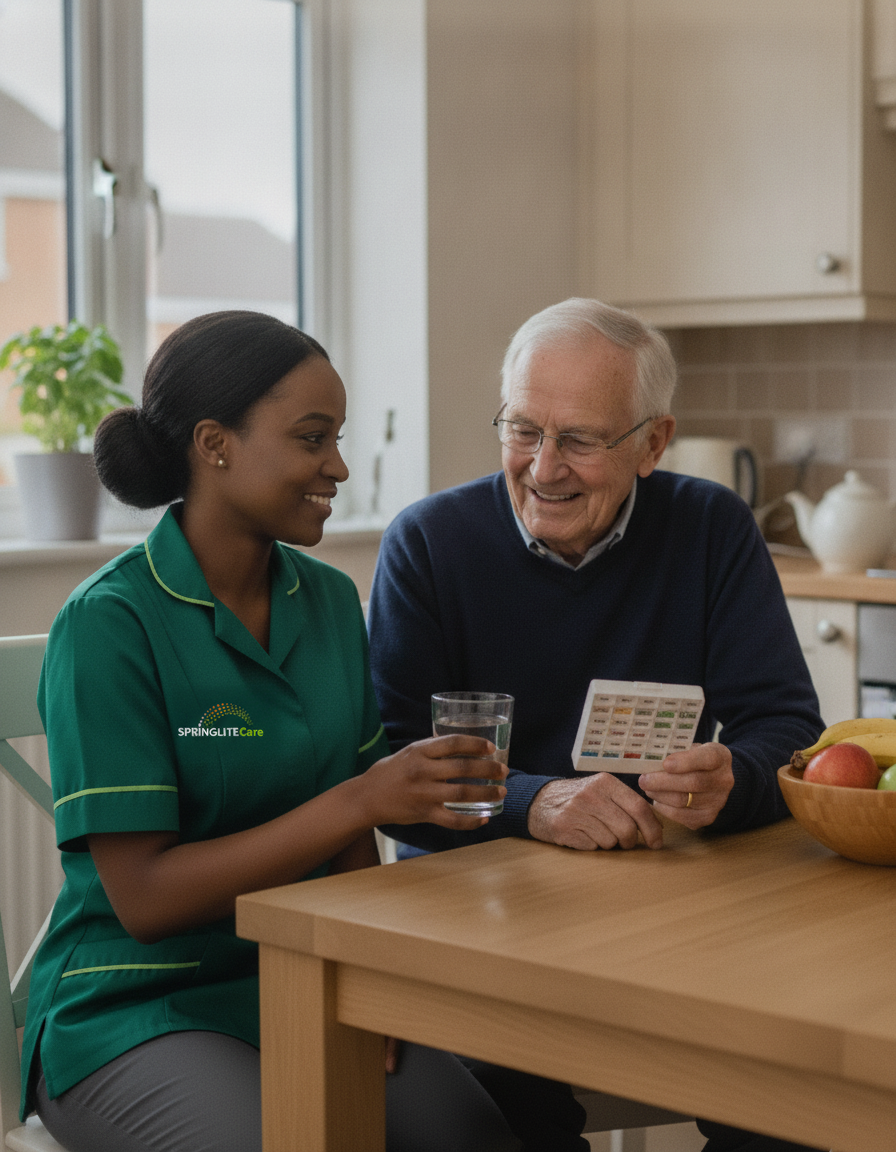 Springlite Care carer in a green uniform handing an older man water as he takes his morning medication at home