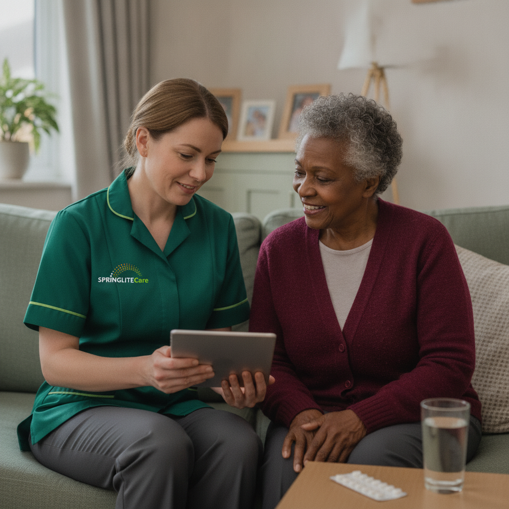 Springlite Care carer recording a medication visit on a tablet beside an older woman in her living room