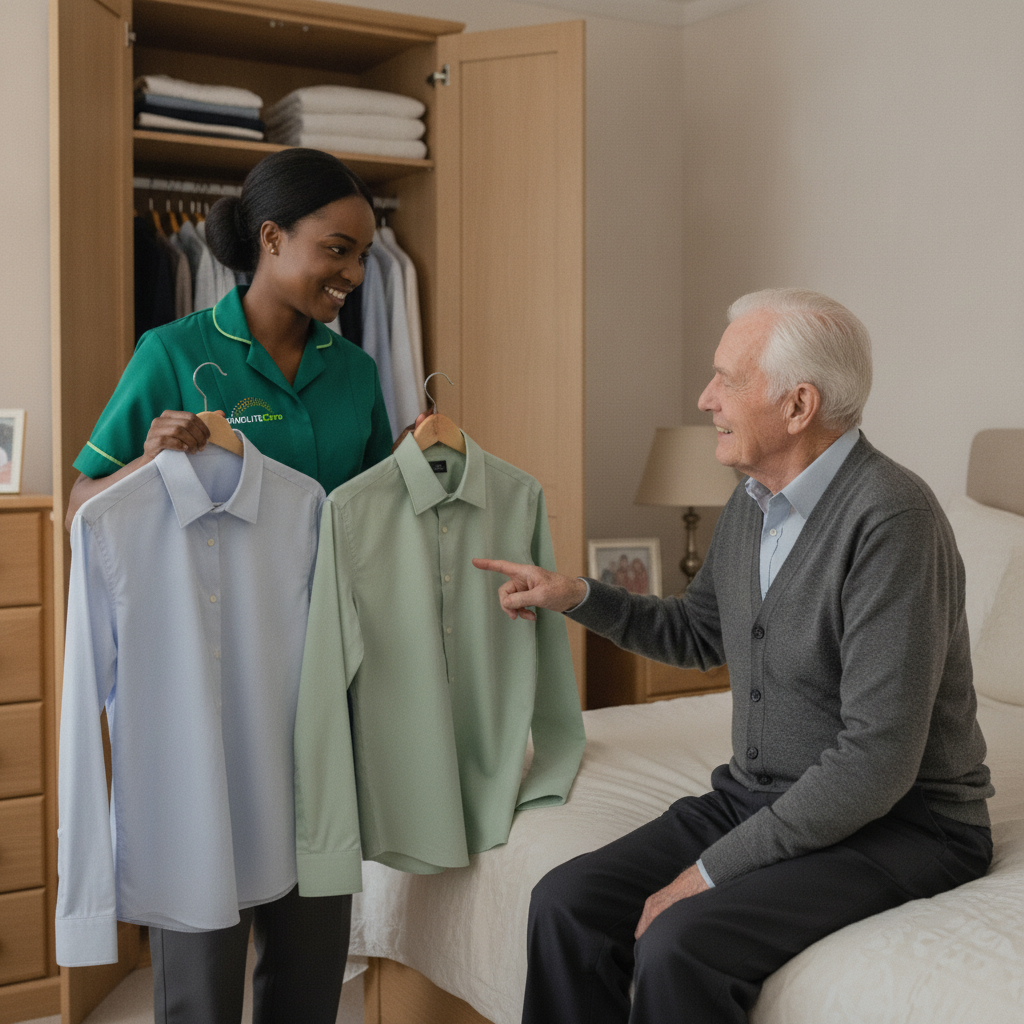 Springlite Care carer offering an older man a choice of shirts as part of respectful personal care