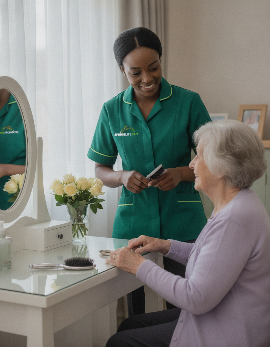 Springlite Care carer in a green uniform brushing an older woman's hair at her dressing table at home