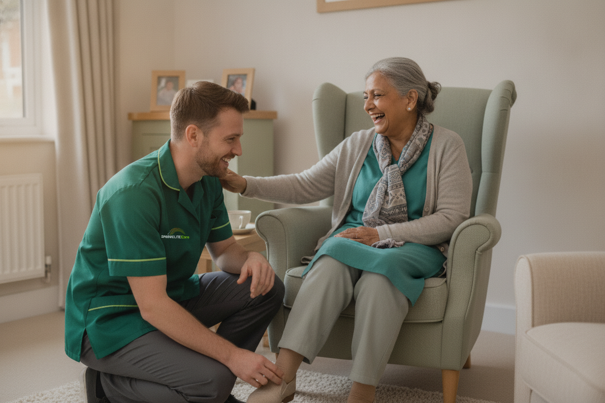 Springlite Care carer helping an older woman with her shoes during her morning routine at home in Bexleyheath