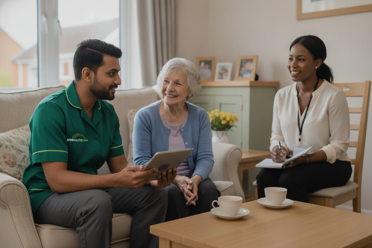 Springlite Care assessor carrying out a home care assessment with an older woman, her daughter and a social worker