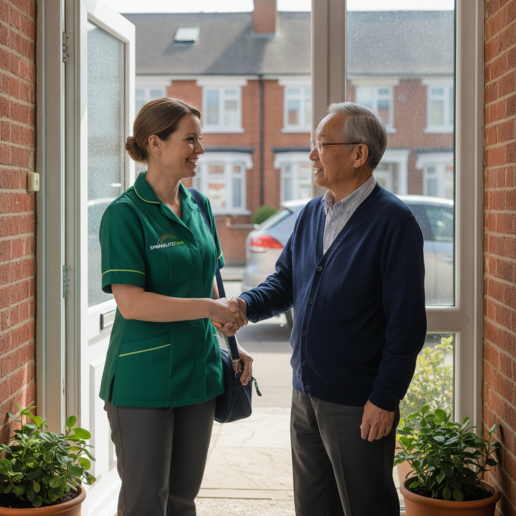 Springlite Care carer being welcomed by an older man at his front door for the first visit of a new care package