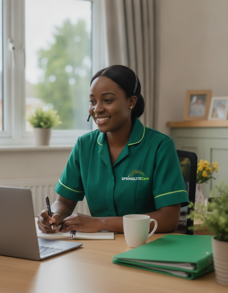 Springlite Care coordinator in a green uniform taking a home care referral call at the Bexleyheath office