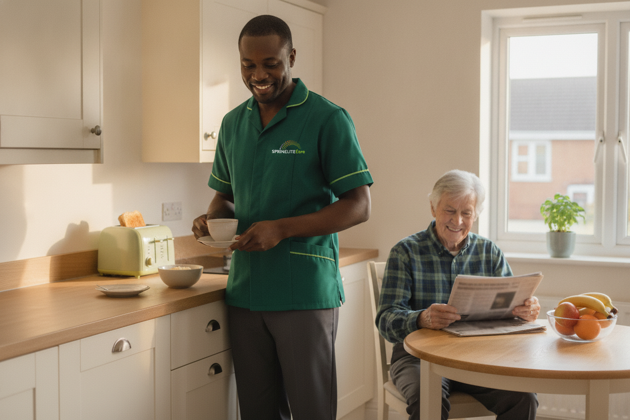 Springlite Care carer preparing breakfast for an older man in his kitchen as part of daily home care