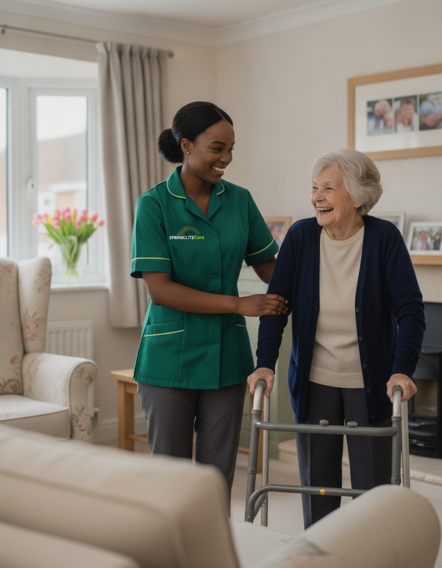 Springlite Care carer in a green uniform supporting an older woman using a walking frame at home in Bexleyheath