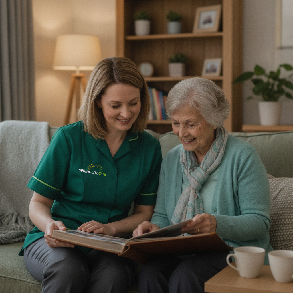 Springlite Care live-in carer sharing a photo album with an older woman during an evening at home